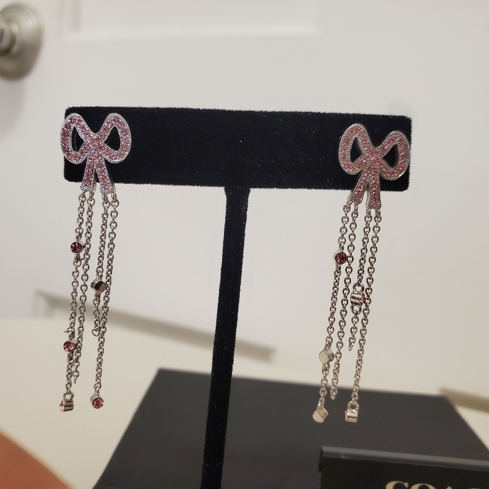 NWT Coach Pave Bow Swarovski Crystal Fringe Bow Earrings - Picture 5 of 9
